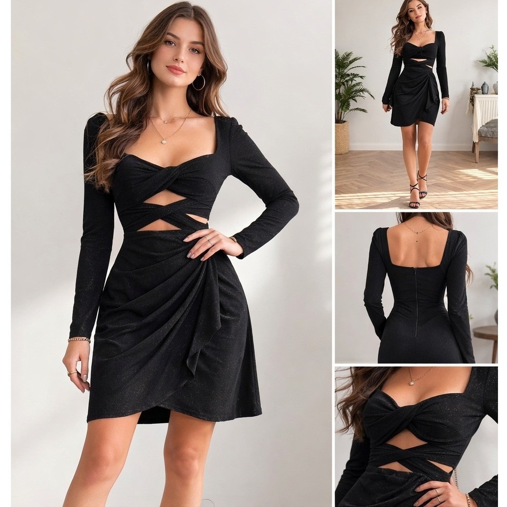 Alana Eve Black Sparkle Cut Out Twist‎ Front Long Sleeve Mini Dress Womens L NWT